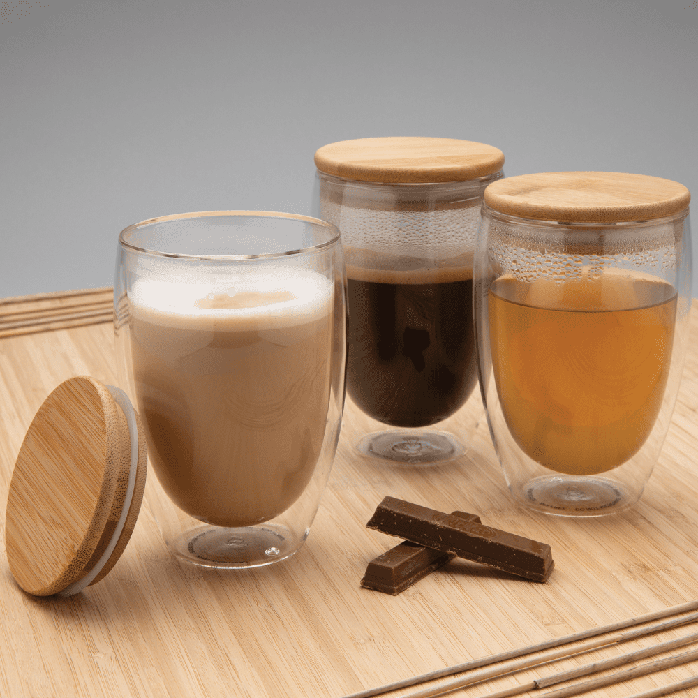borosilicate glass travel cup with bamboo lid